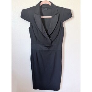 French Connection Black Tuxedo Sheath Dress Shawl Collar Cap Sleeve Size 6 71YH3